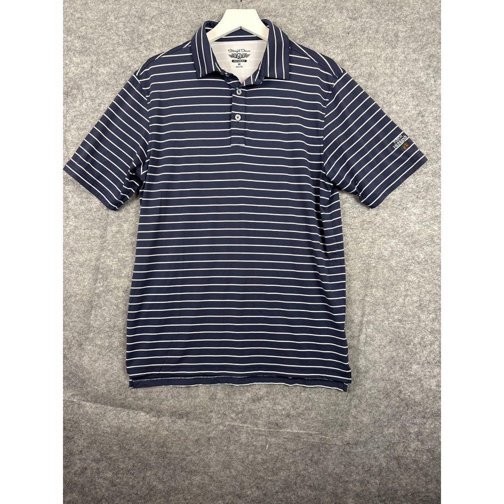 Straight Down Mens Performance Golf Polo Shirt Navy Blue White Striped Size M‎